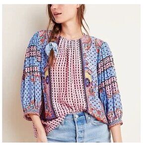 Anthropologie Pink and Blue Printed Peasant Blouse